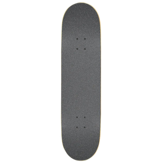 A top-down view of a skateboard deck with black grip tape on a clean white background.