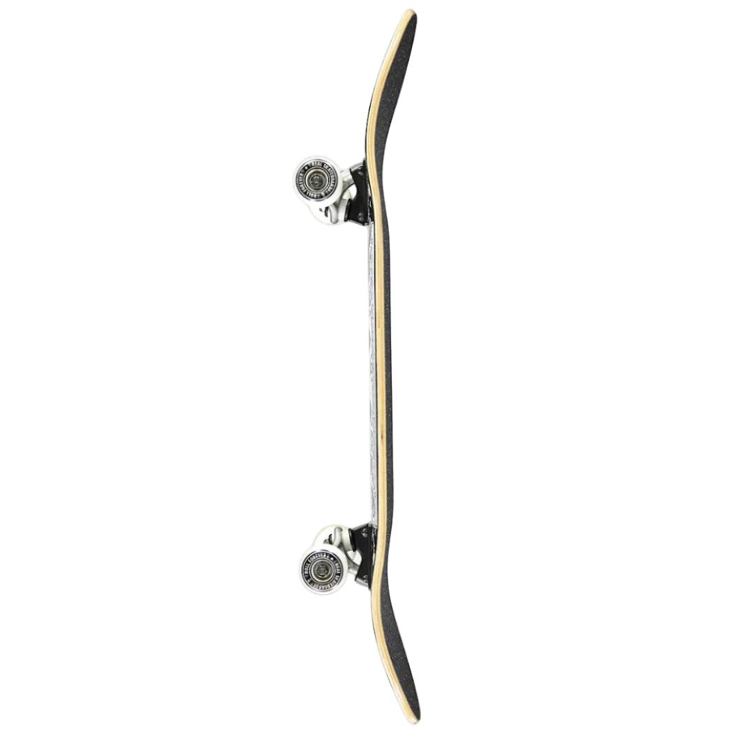 A skateboard shown vertically against a plain white background, featuring a black grip-tape deck with a light wood edge, black trucks, and silver wheels.