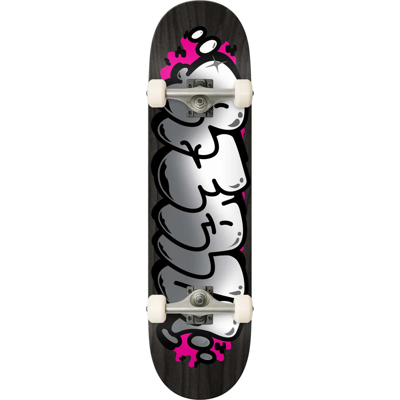 Skateboard with a cartoon character design on a white background