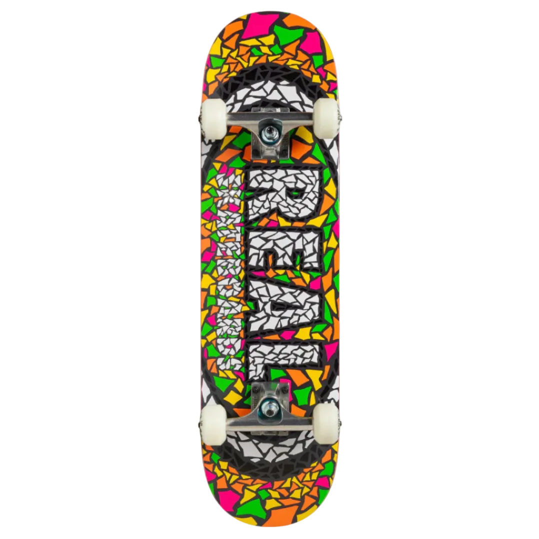 Colorful skateboard with a geometric pattern on a white background
