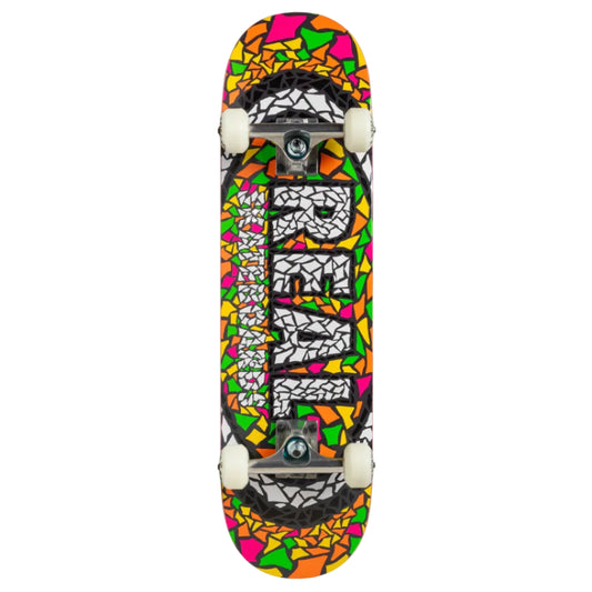 Colorful skateboard with a geometric pattern on a white background