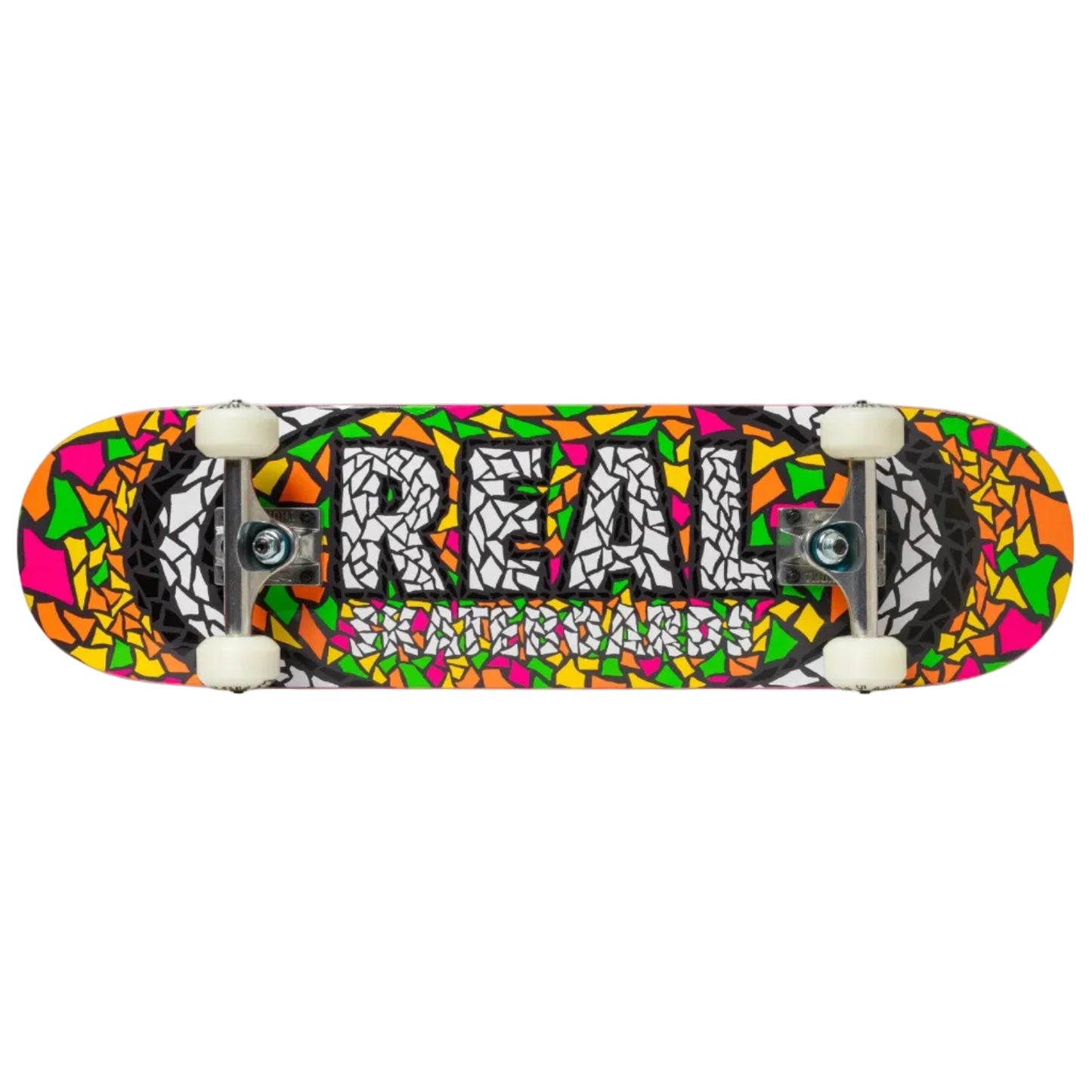 Colorful skateboard deck with 'Real' branding on a white background