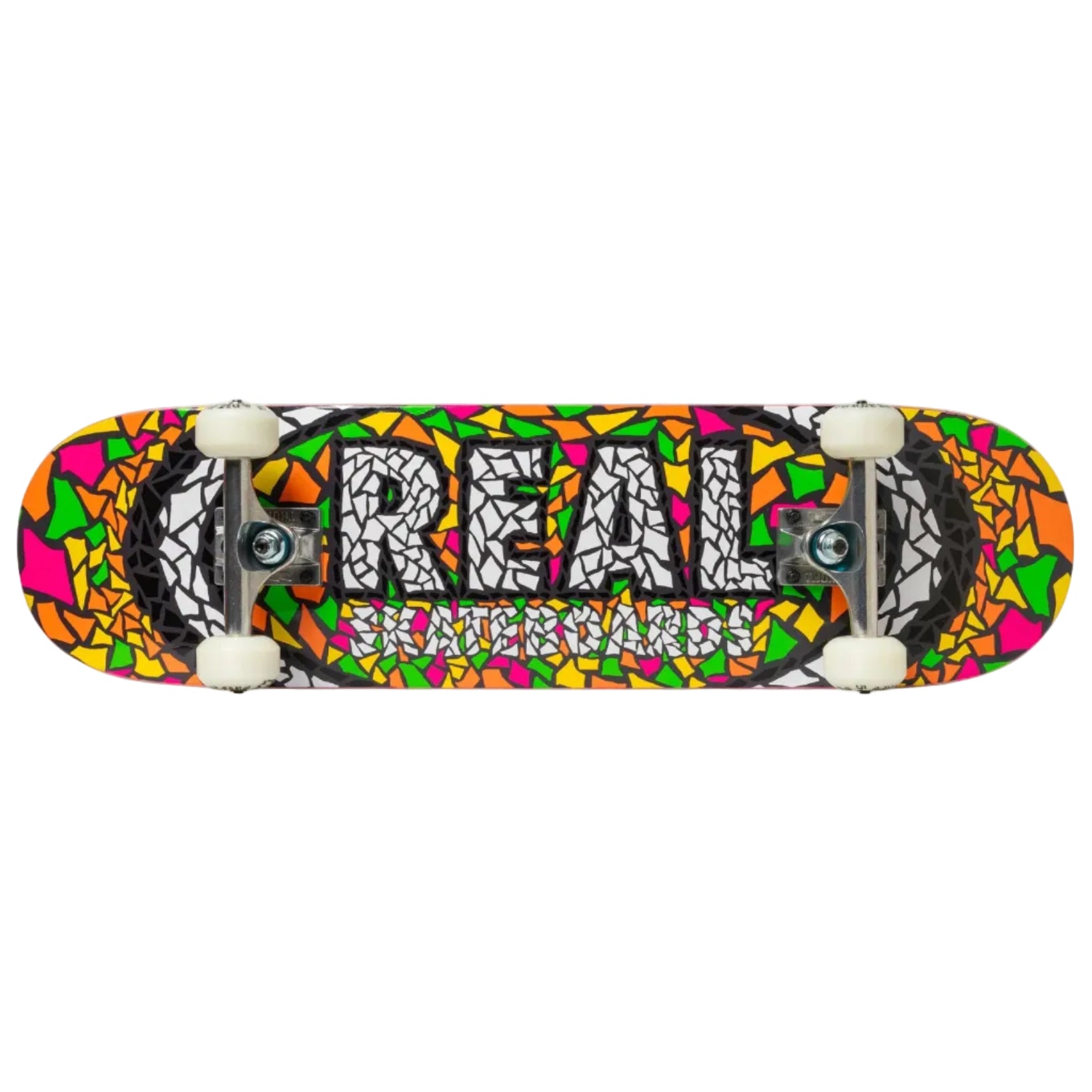 Colorful skateboard deck with 'Real' branding on a white background