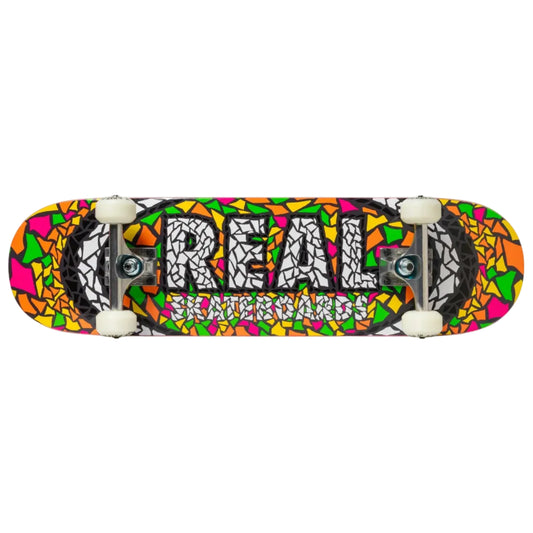 Colorful skateboard deck with 'Real' branding on a white background