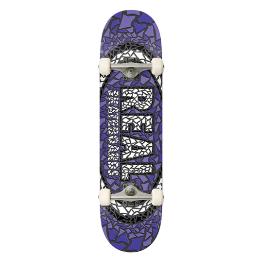Purple skateboard with a unique design on a white background