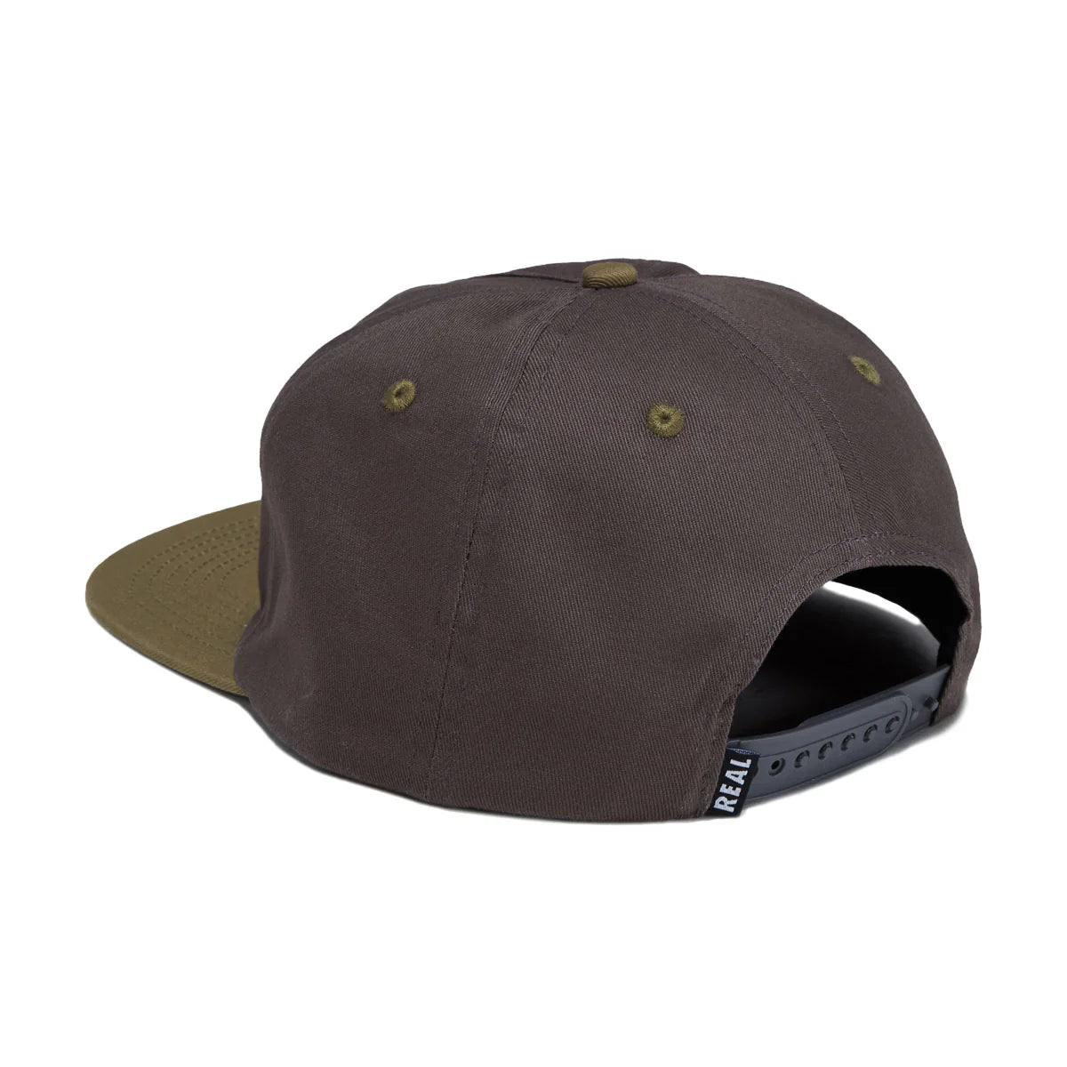 A dark brown snapback cap shown from a rear three-quarter angle, featuring an olive green flat brim and matching olive green eyelets, with a black adjustable strap.