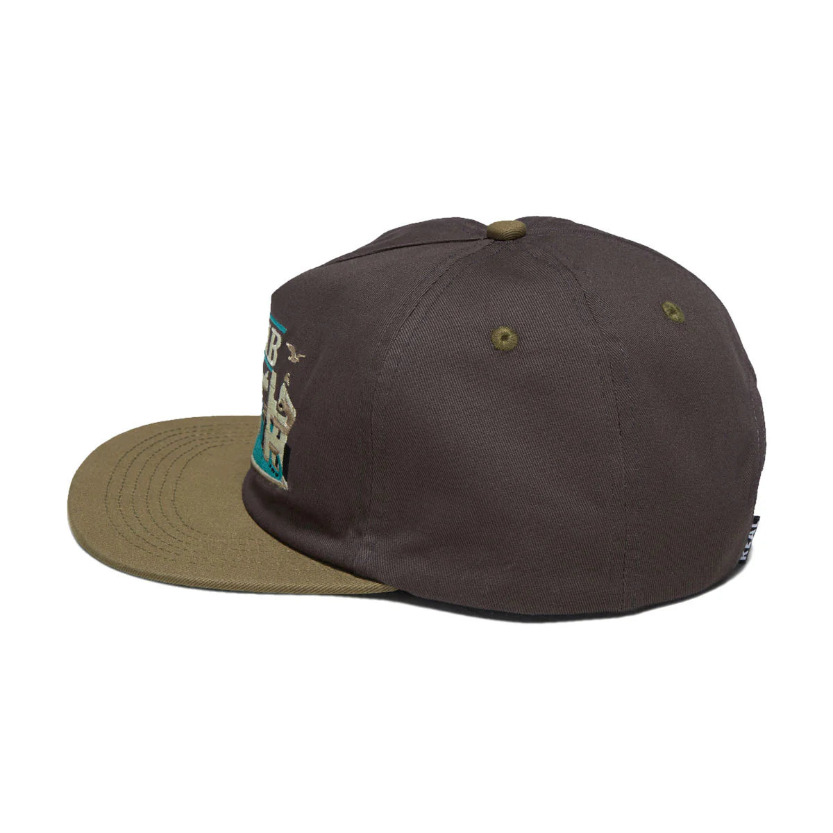 A dark brown baseball cap with an olive green flat brim and a small embroidered graphic on the side, shown against a plain white background.