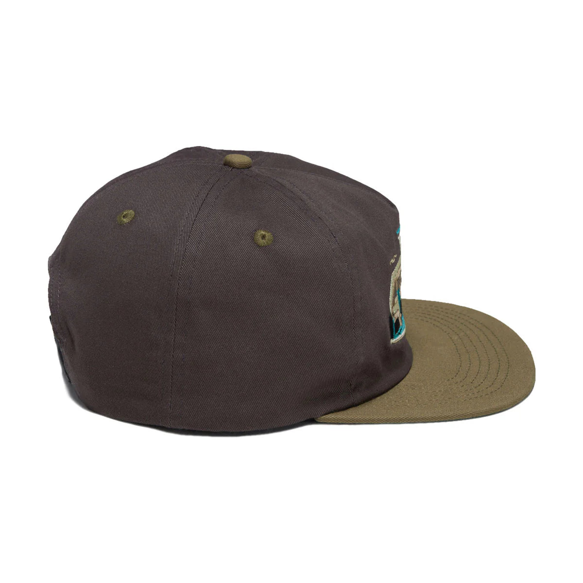 A dark brown structured baseball cap with an olive green flat brim and a small embroidered patch on the side, shown against a plain white background.