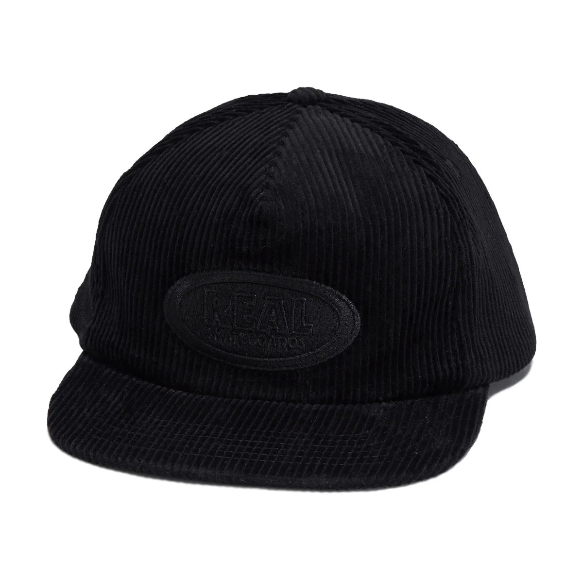 Black corduroy cap with a brand logo on a white background