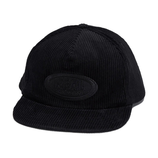 Black corduroy cap with a brand logo on a white background