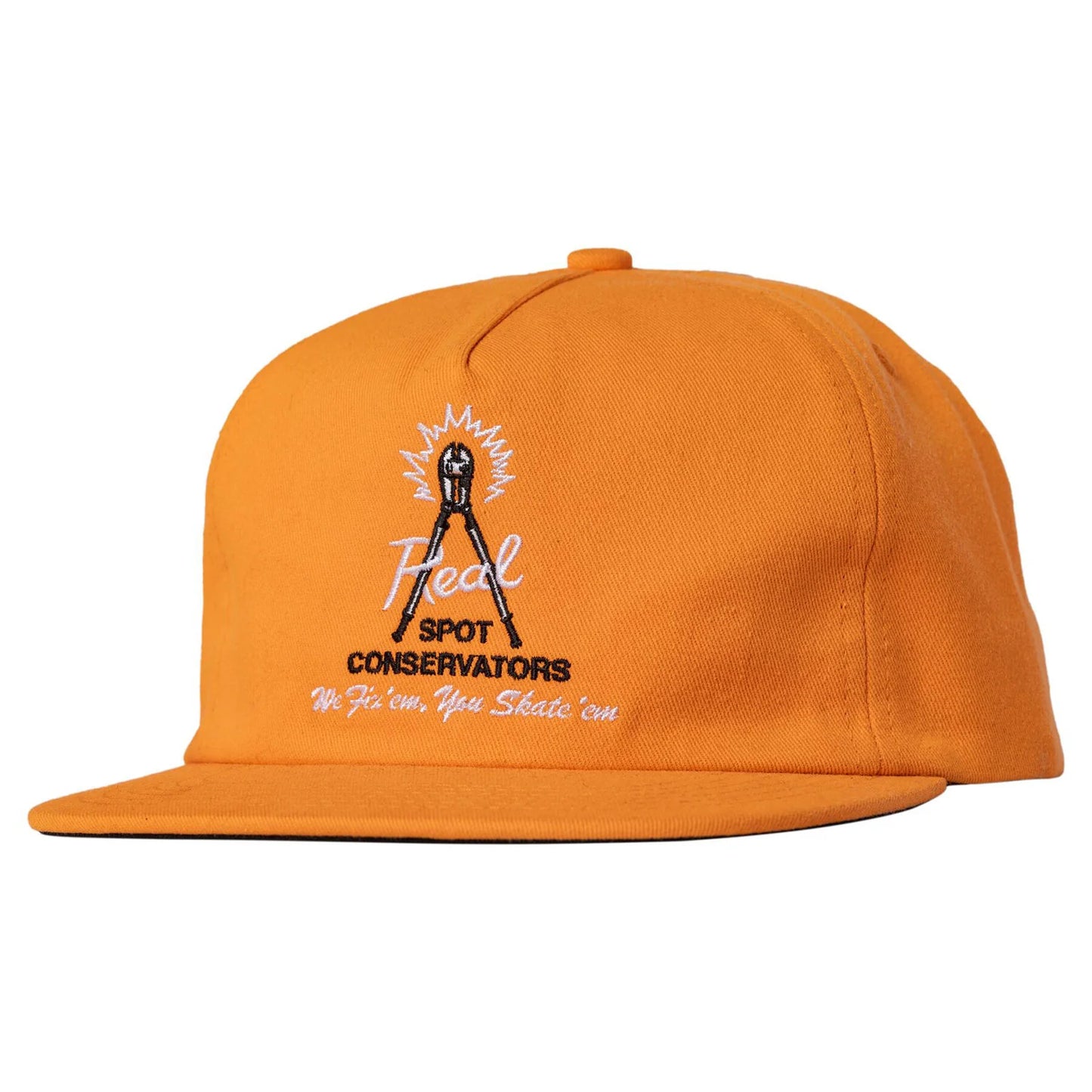 Orange cap with a logo and text on a white background