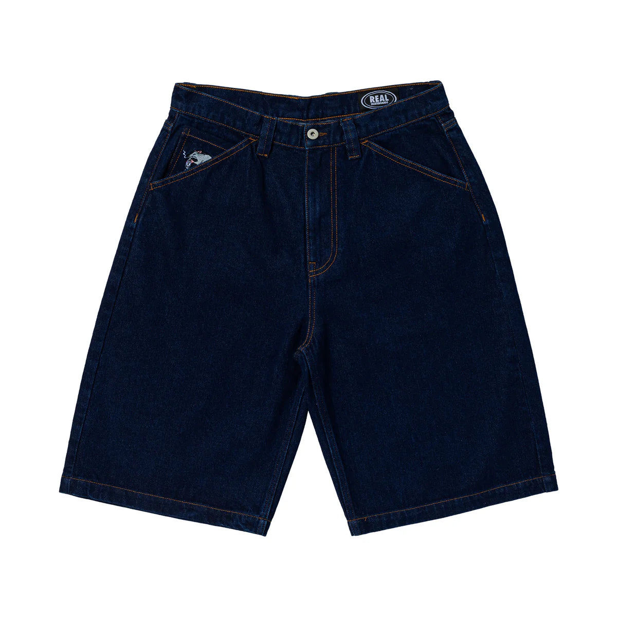 Dark blue denim shorts on a white background