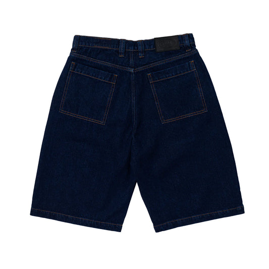 Dark blue denim shorts on a white background