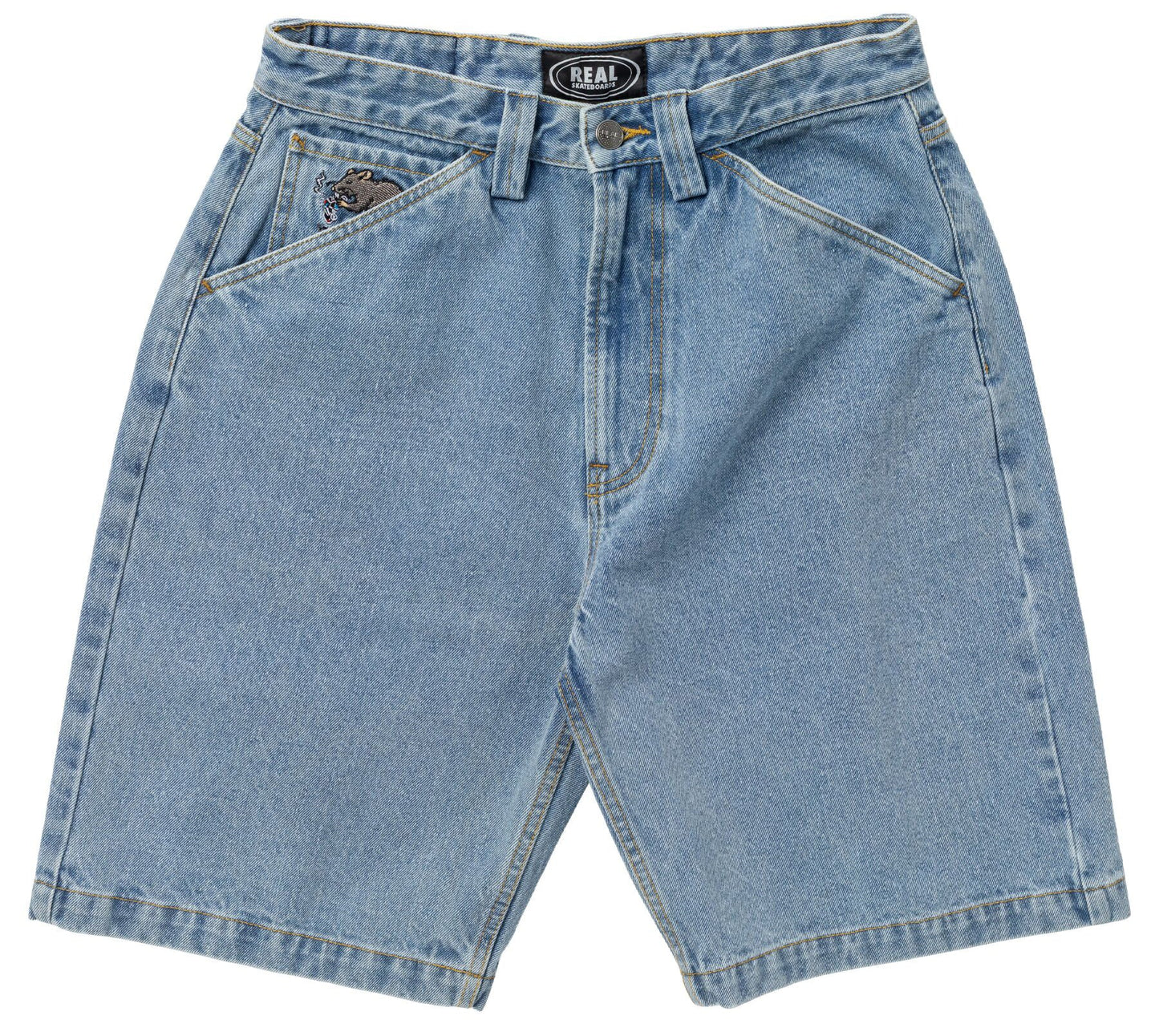 Light blue denim shorts on a white background
