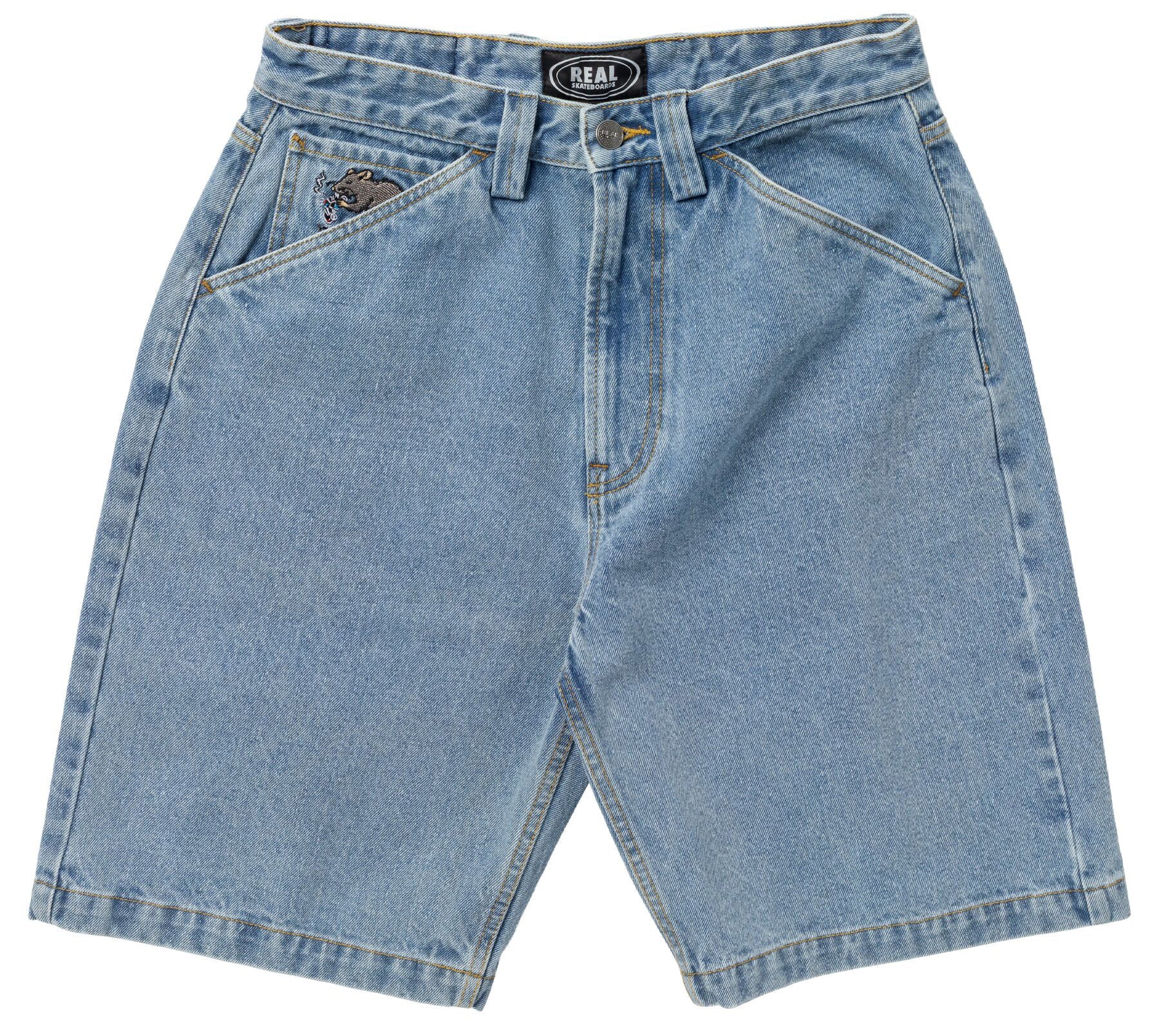 Light blue denim shorts on a white background