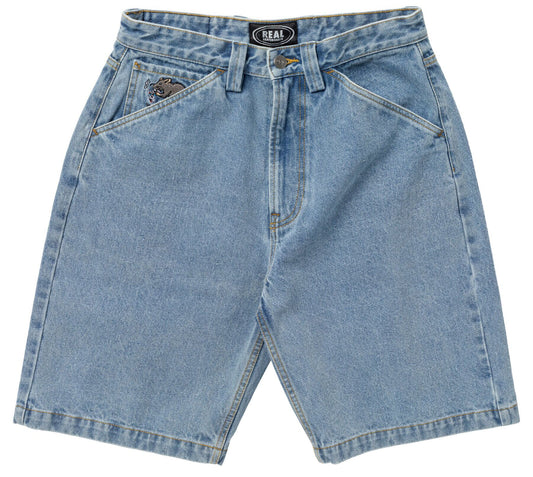 Light blue denim shorts on a white background