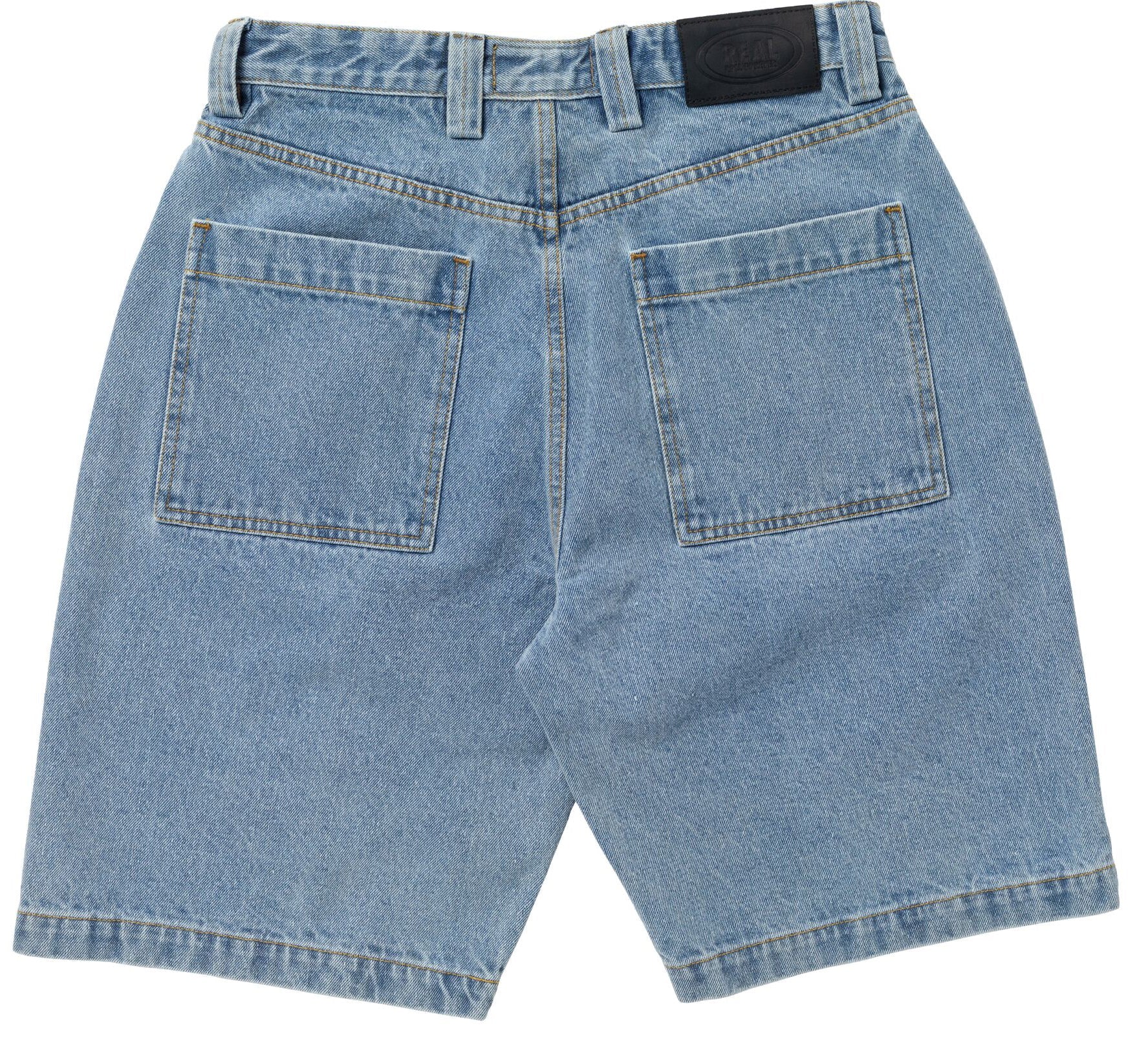 Back view of light blue denim shorts on a white background