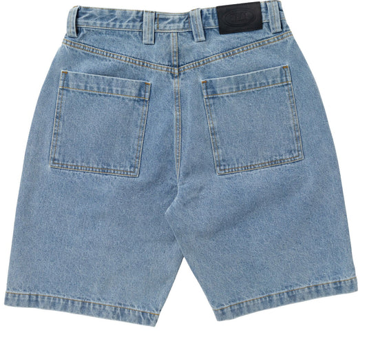 Back view of light blue denim shorts on a white background