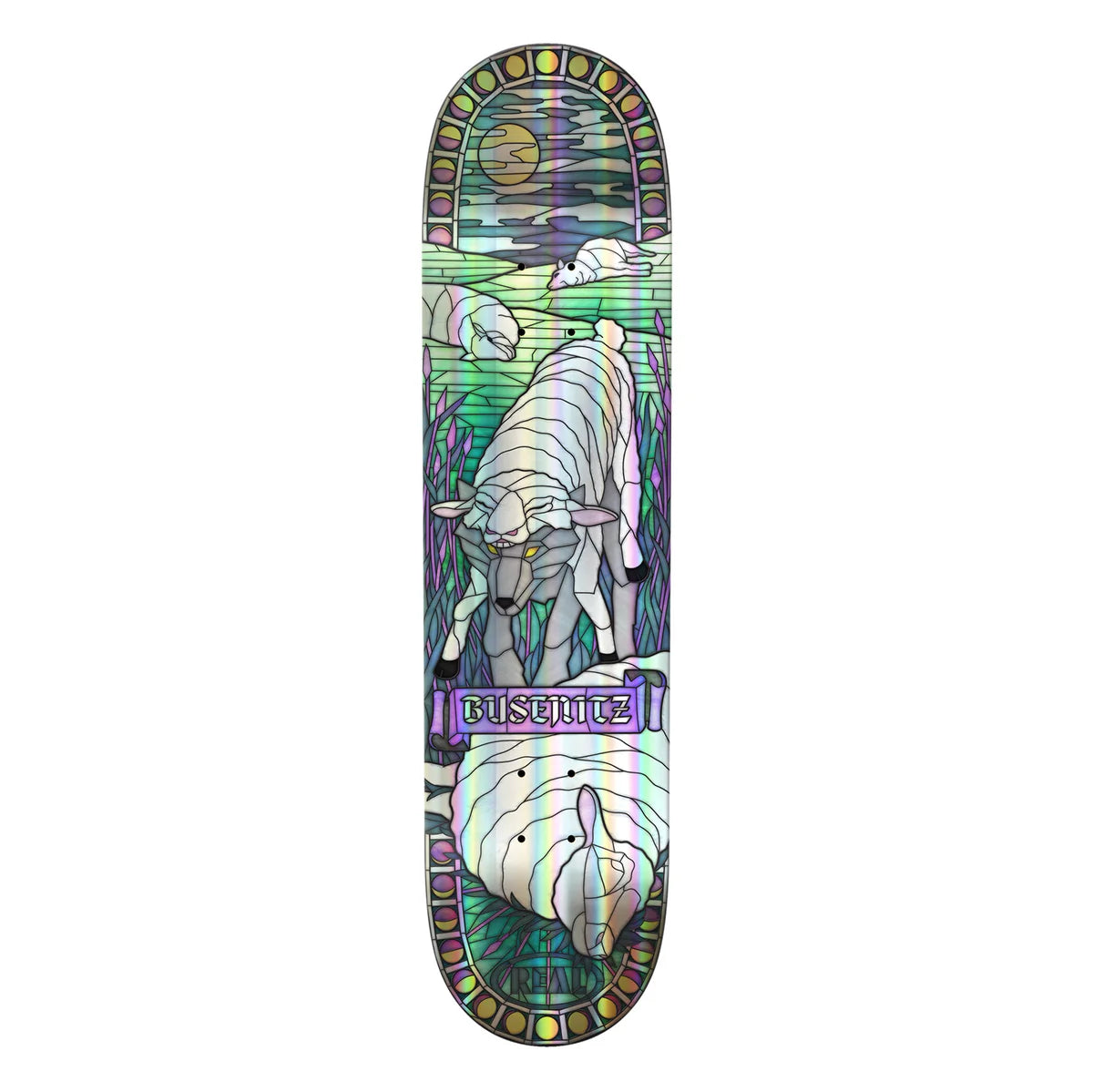 A skateboard deck featuring a stained-glass style illustration of sheep in a field with a sun and moon, on a white background.