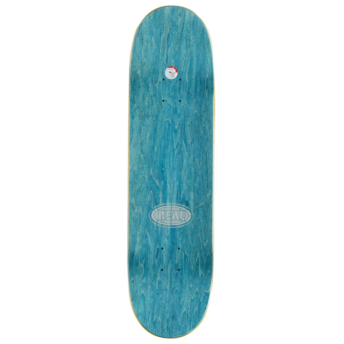 A skateboard deck with a vibrant turquoise blue wood-grain finish, featuring a white oval logo in the center and a small sticker near the nose, set against a plain white background.