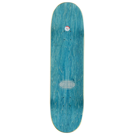 A skateboard deck with a vibrant turquoise blue wood-grain finish, featuring a white oval logo in the center and a small sticker near the nose, set against a plain white background.