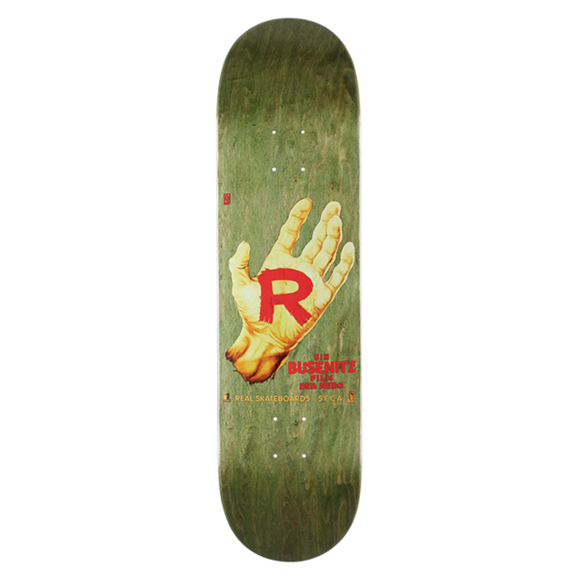 Skateboard deck with a hand holding a 'R' logo on a green background