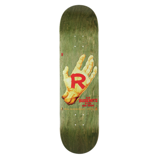 Skateboard deck with a hand holding a 'R' logo on a green background