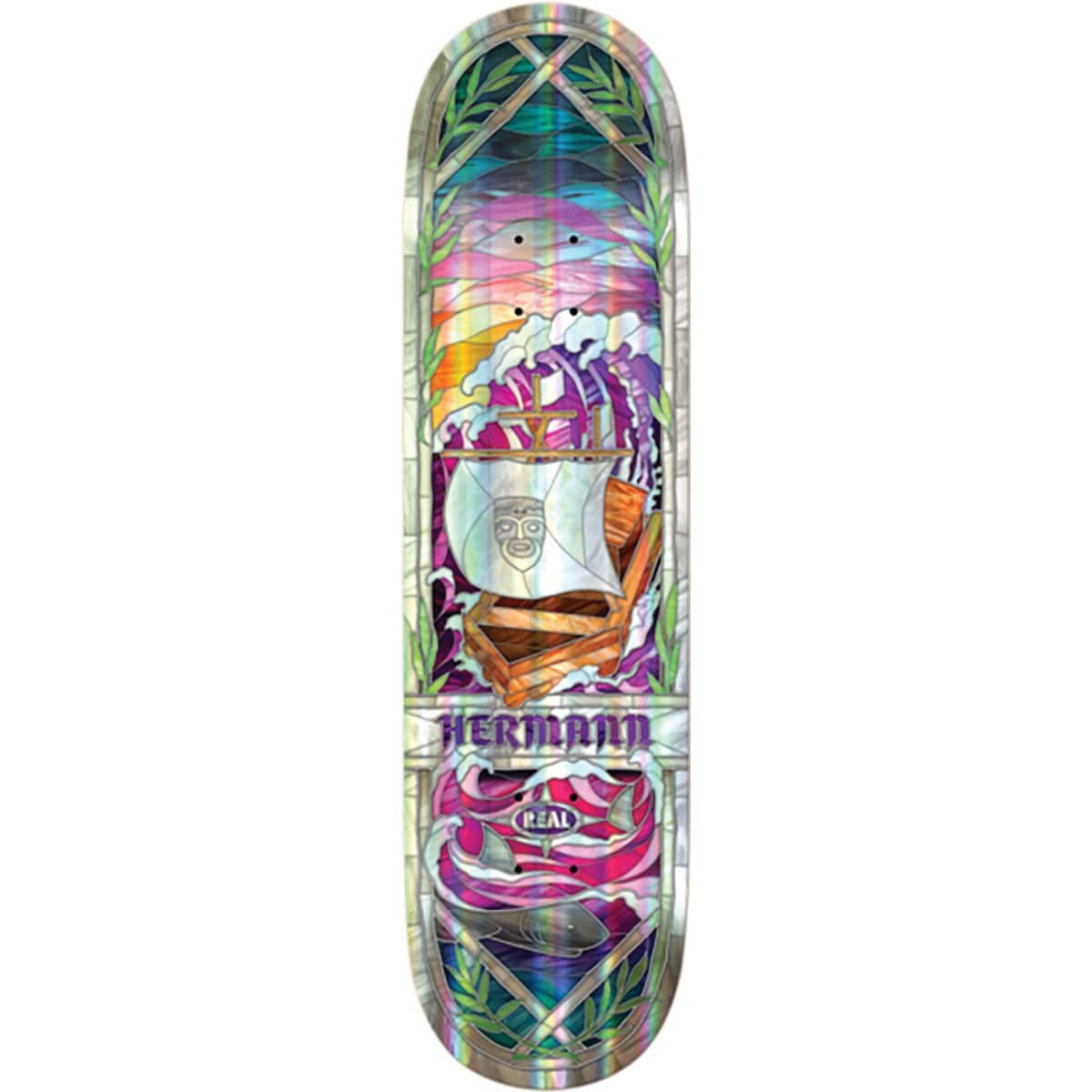 Colorful skateboard deck with a design featuring a face and abstract elements on a white background.