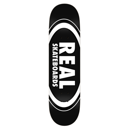 Black skateboard deck with 'Real Skateboards' logo on a white background