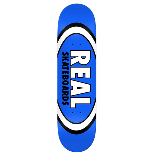 Blue skateboard deck with 'Real Skateboards' logo on a white background