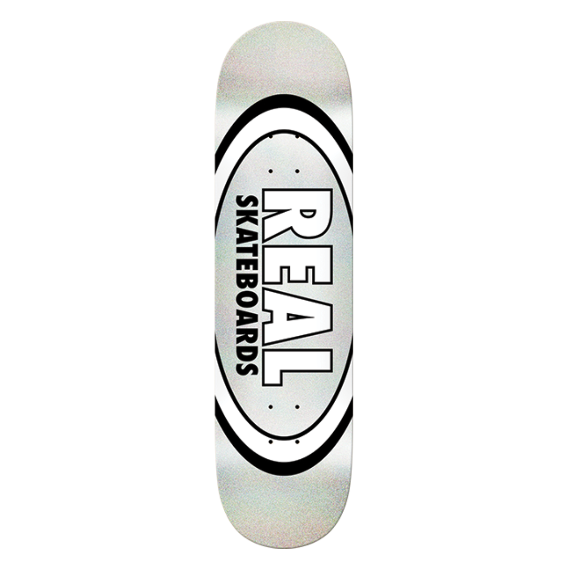 Skateboard deck with 'Real Skateboards' logo on a white background