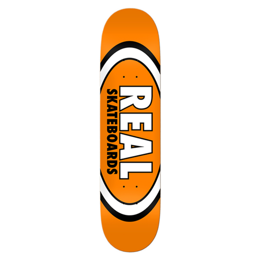 Orange skateboard deck with 'Real Skateboards' logo on a white background