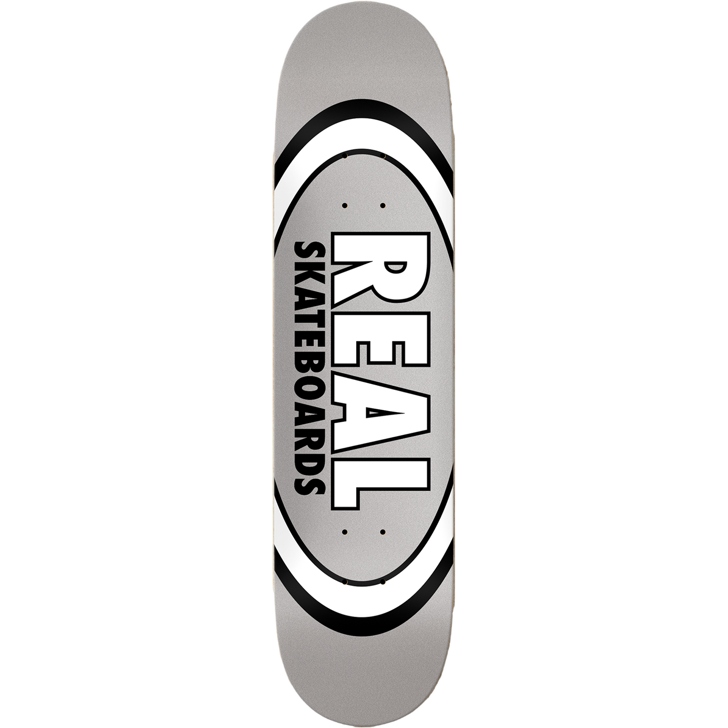 Gray skateboard deck with 'Real Skateboards' logo on a white background
