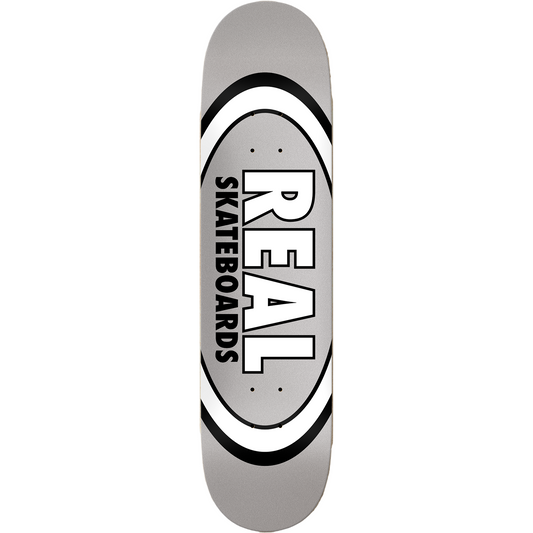 Gray skateboard deck with 'Real Skateboards' logo on a white background