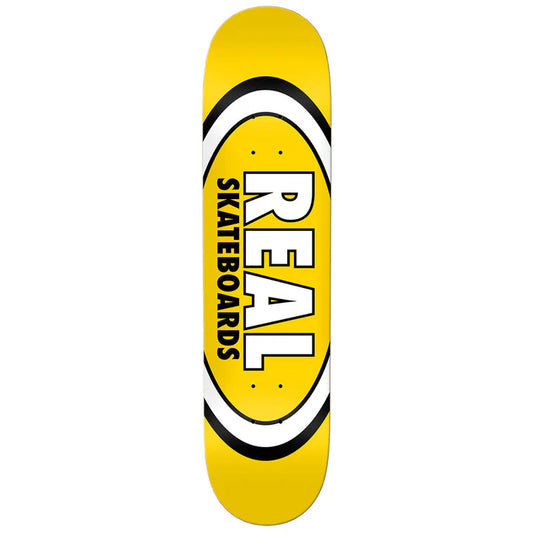 Yellow skateboard deck with 'Real Skateboards' logo on a white background