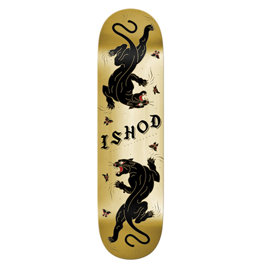 Skateboard deck with black panther design and 'ISHOD' branding on a gold background