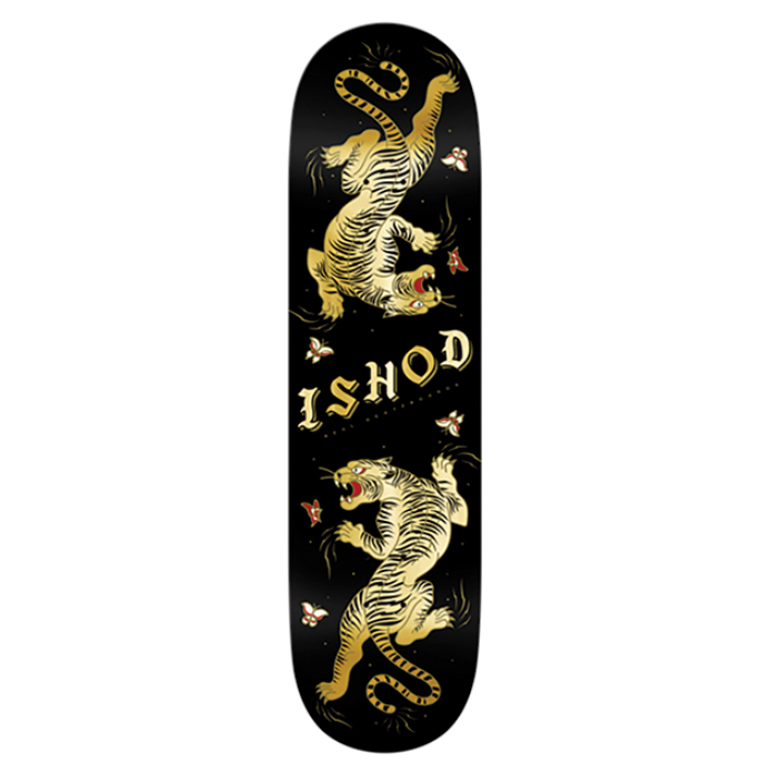 Skateboard deck with gold tiger design and 'ISHOD' branding on a black background