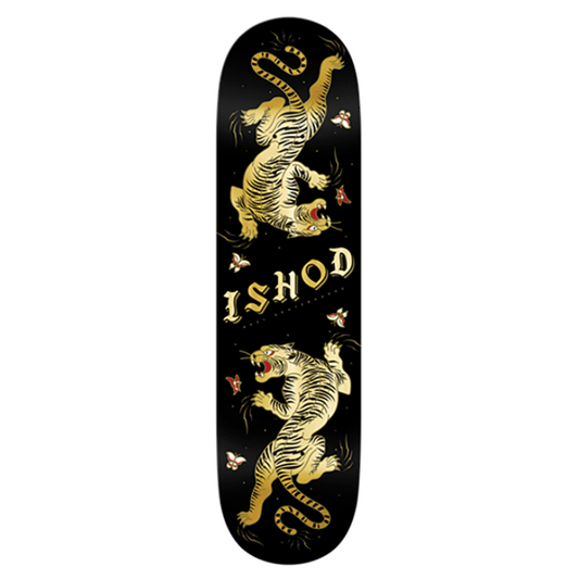 Skateboard deck with gold tiger design and 'ISHOD' branding on a black background