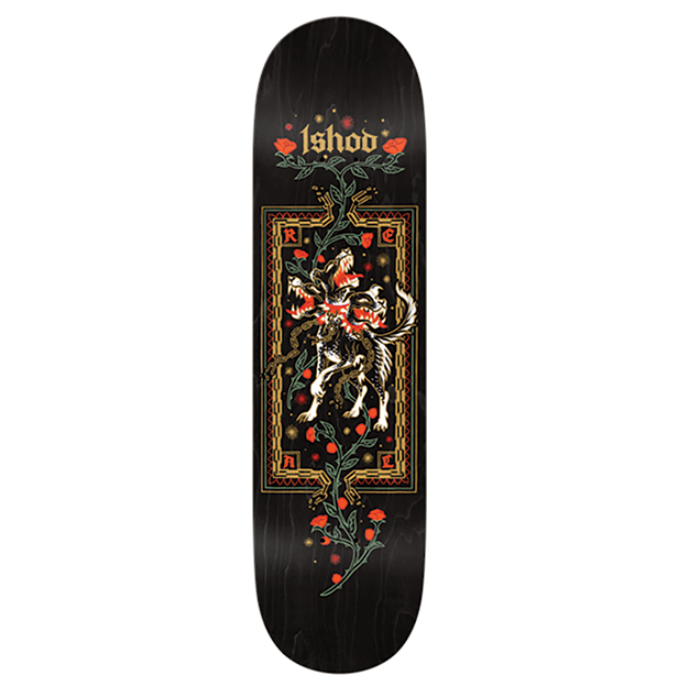 Skateboard deck with artistic design and 'Ishod' branding on a white background