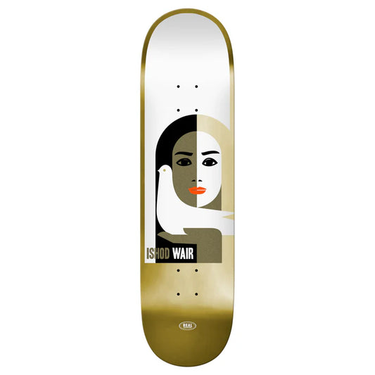 Skateboard deck with a graphic design of a face on a white background