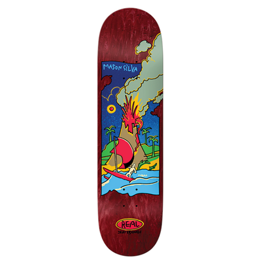 Skateboard deck with colorful design on a white background