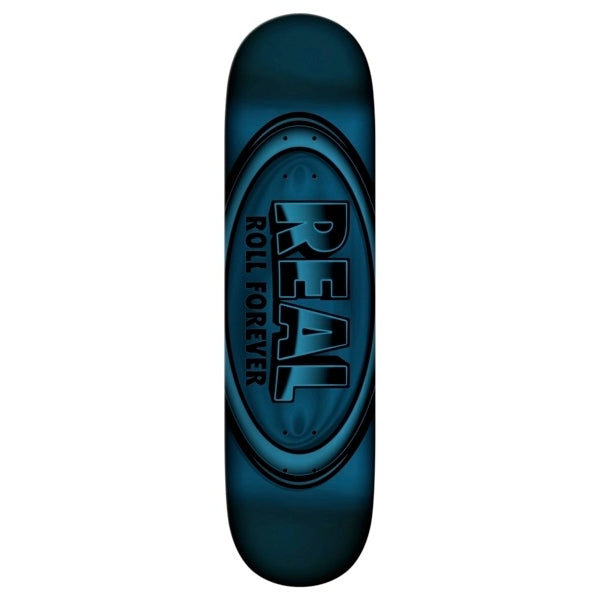Blue skateboard deck with 'Real' branding on a white background