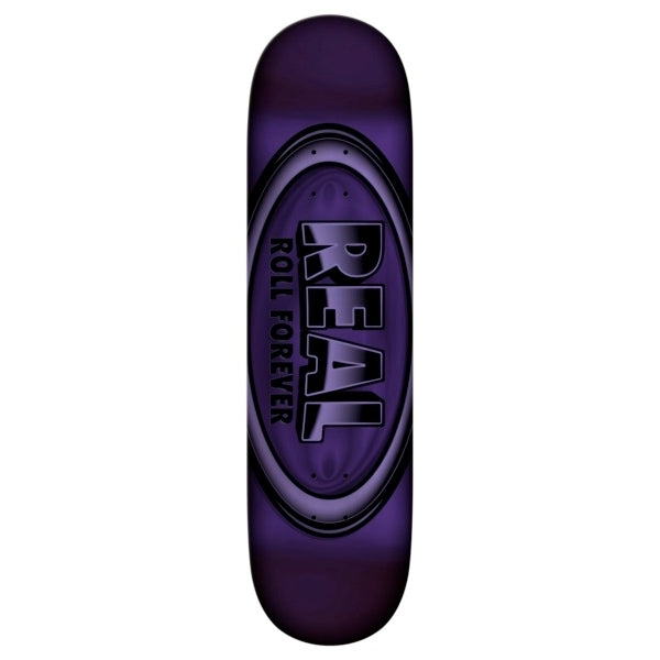 Purple skateboard deck with 'Real' branding on a white background