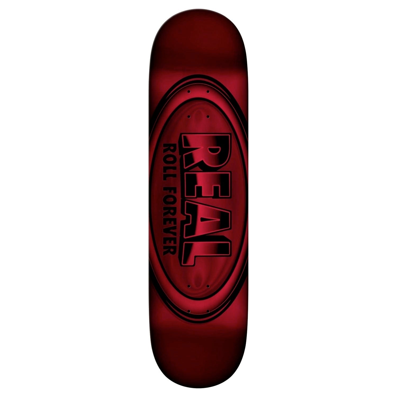 Red and black skateboard deck with 'Real' branding on a white background