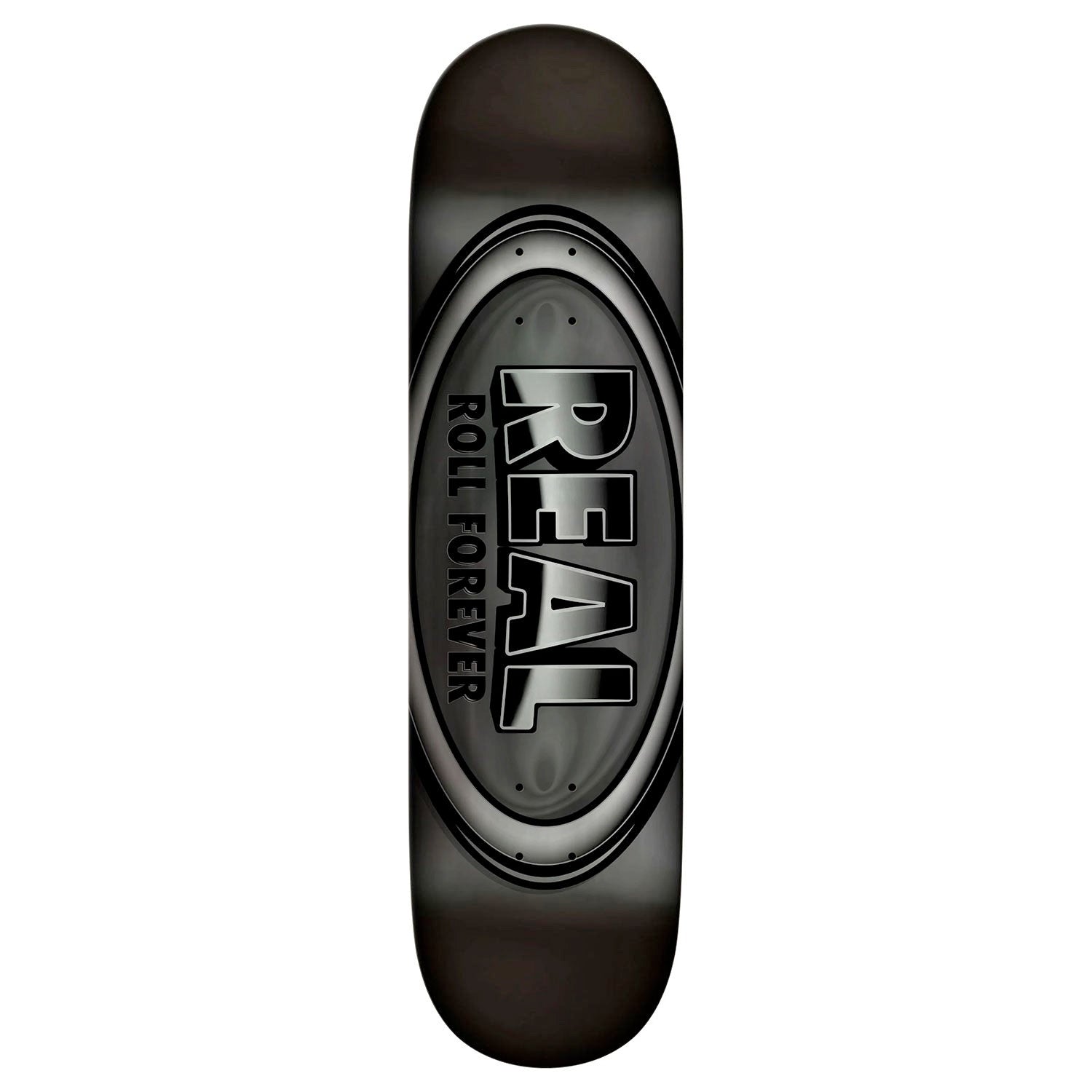 Black skateboard deck with 'Real' branding on a white background