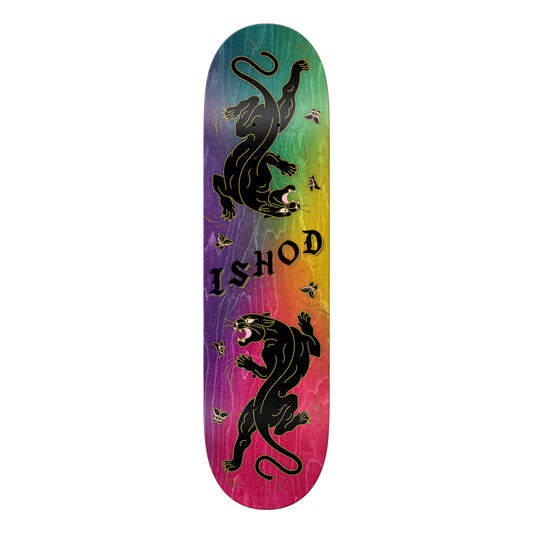 Skateboard deck with black panther design and 'ISHOD' branding on a colorful gradient background.