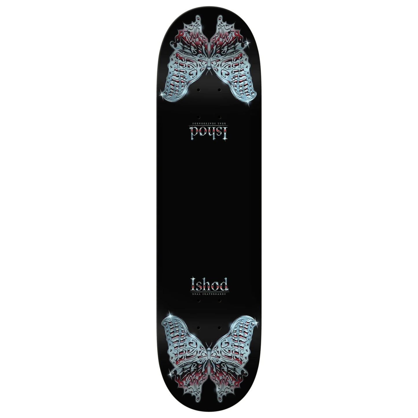 Skateboard deck with butterfly design and 'Ishod' branding on a black background