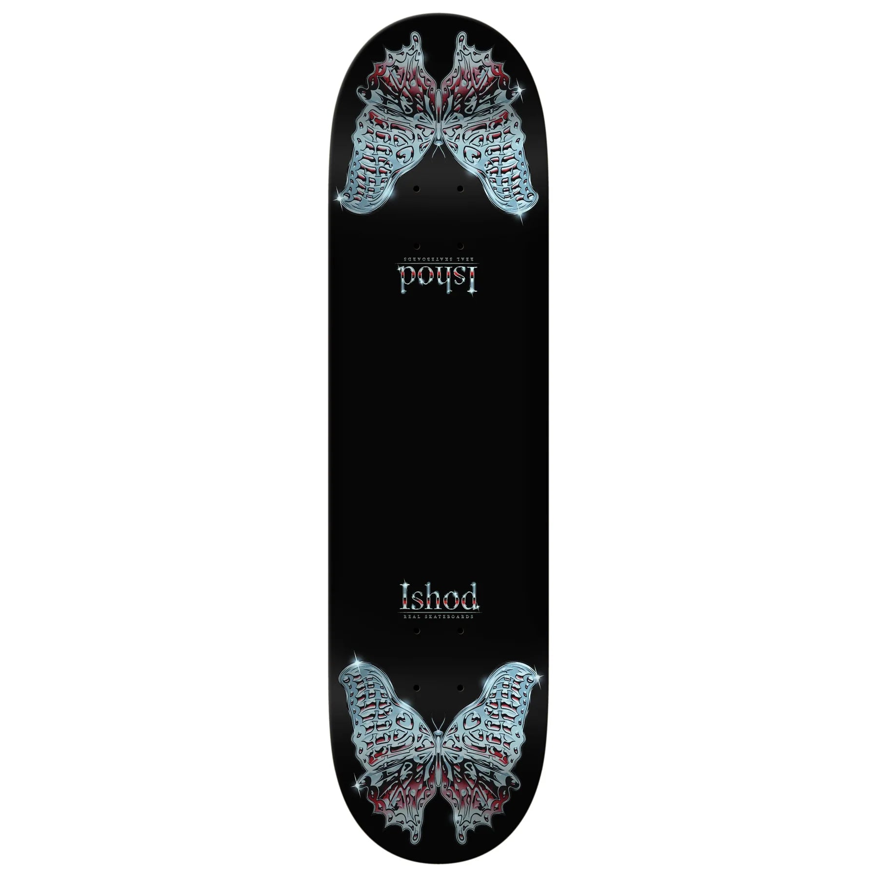 Skateboard deck with butterfly design and 'Ishod' branding on a black background