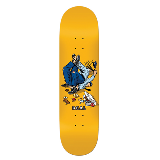 Yellow skateboard deck with a graphic design on a white background
