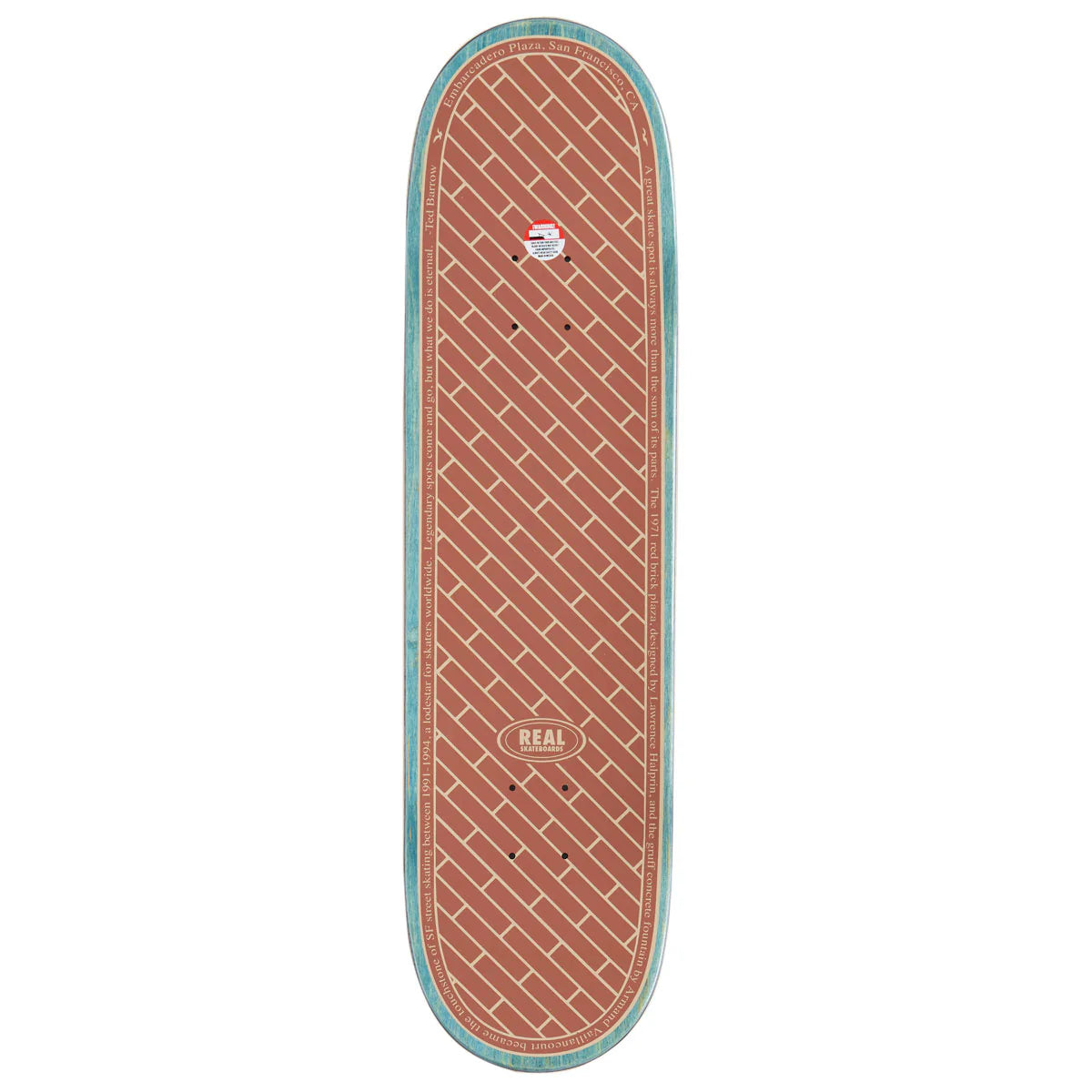 A skateboard deck shown from a top-down view on a plain white background. The deck features a terracotta red brick-patterned grip tape with a light blue painted edge and a visible 'REAL' brand logo near the tail.